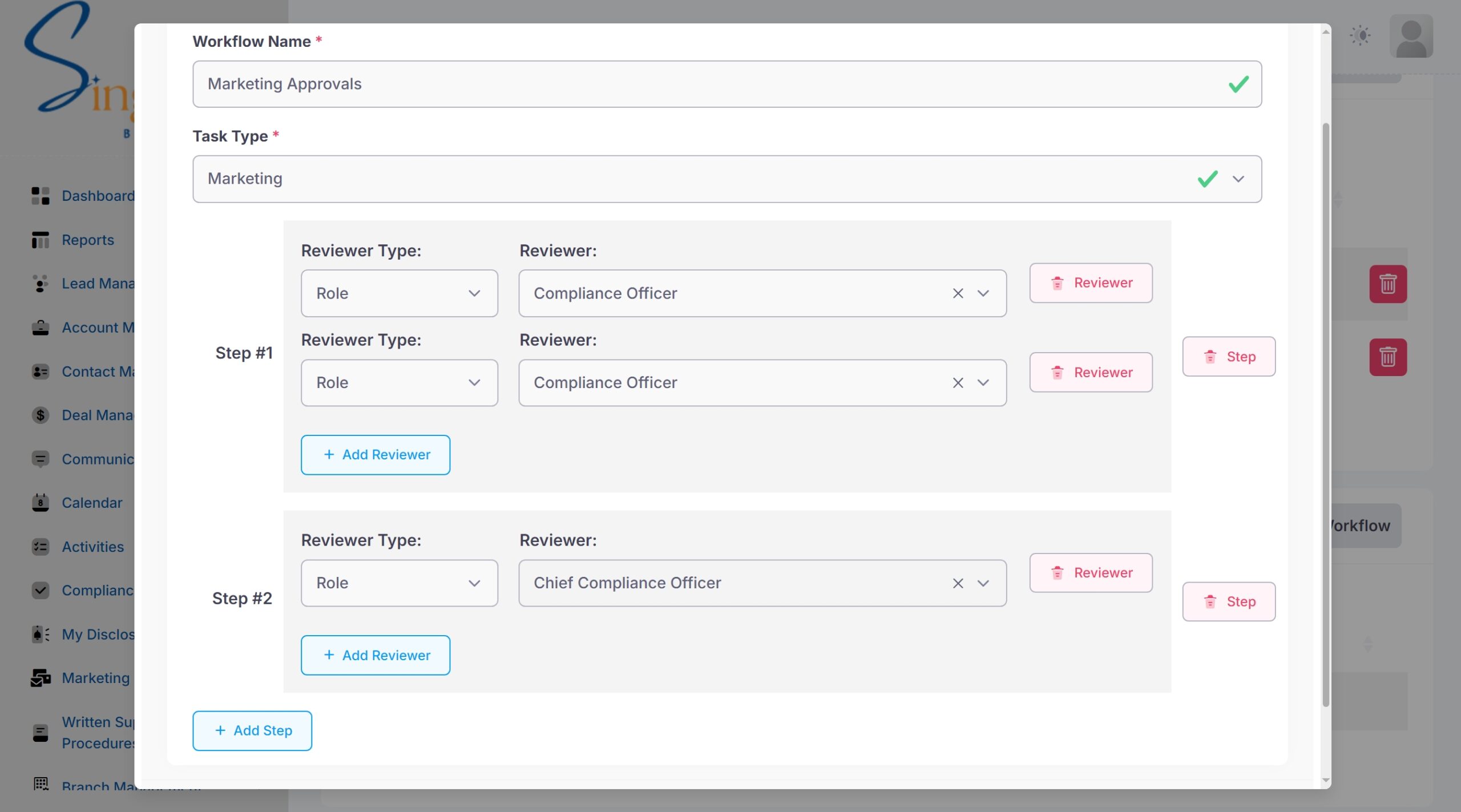 Singular marketing approval workflow with review steps and compliance-officer roles
