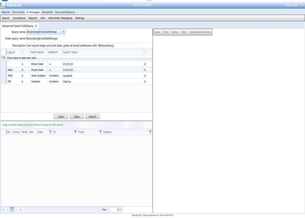 Advanced search in Patrina message archiving