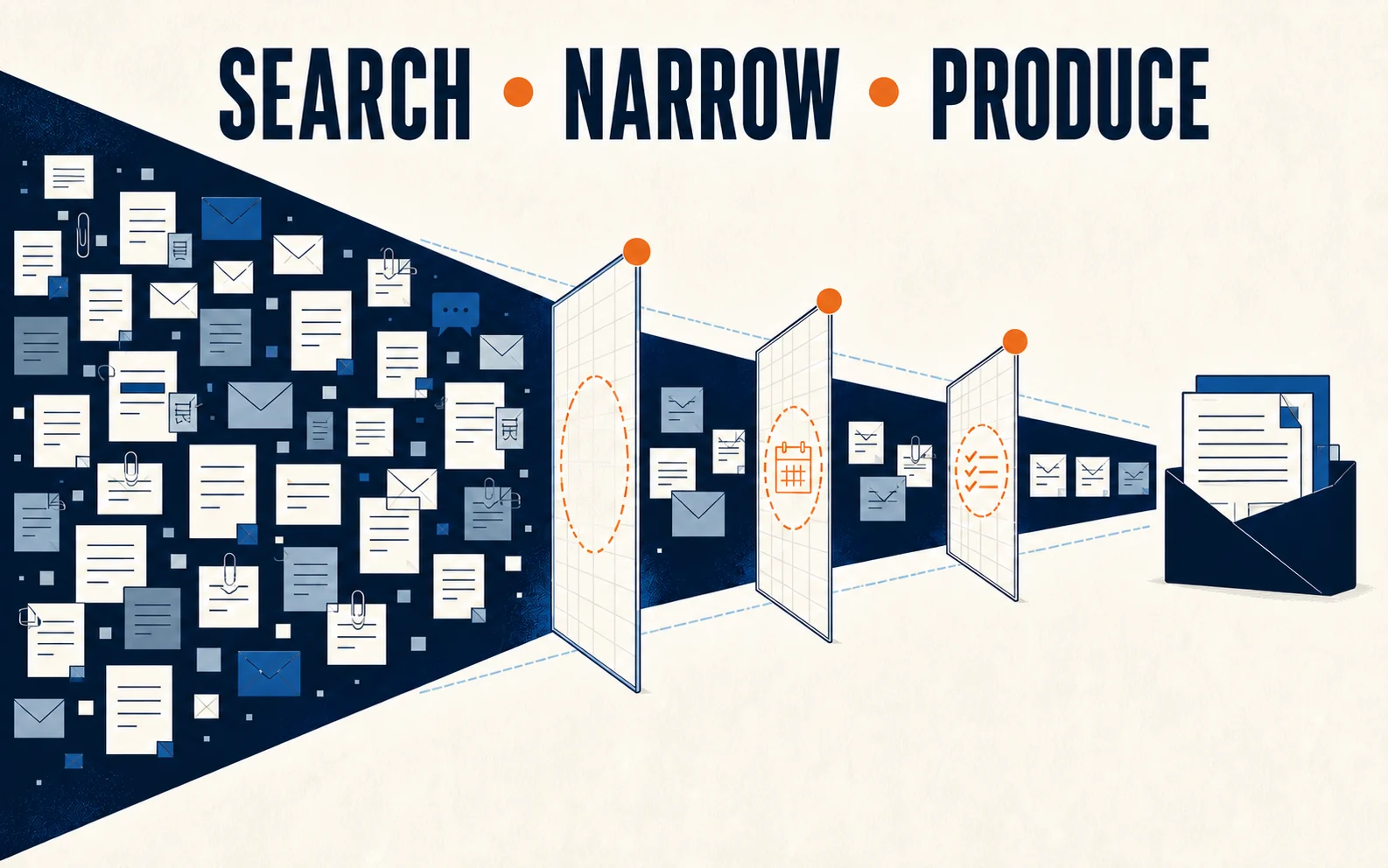 Email archive narrowed from a broad record collection to a focused production set
